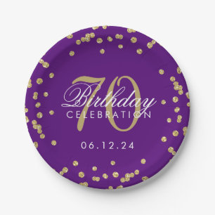 Gold 70th Birthday Glitter Confetti Purple  Paper Plate