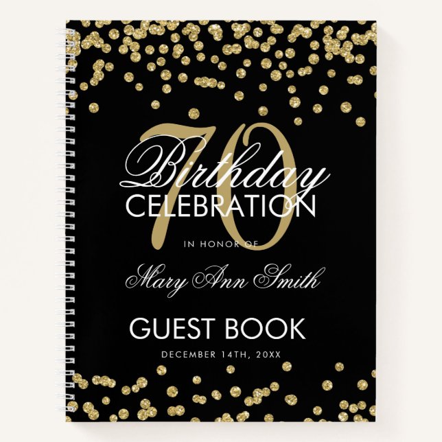 Gold 70th Birthday Guestbook Confetti Black Notebook (Front)