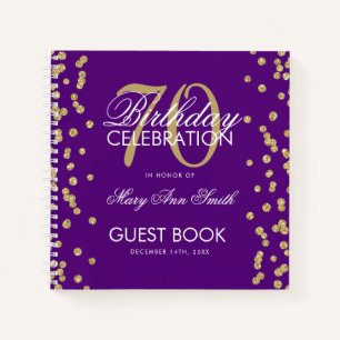 Gold 70th Birthday Guestbook Confetti Purple Notebook