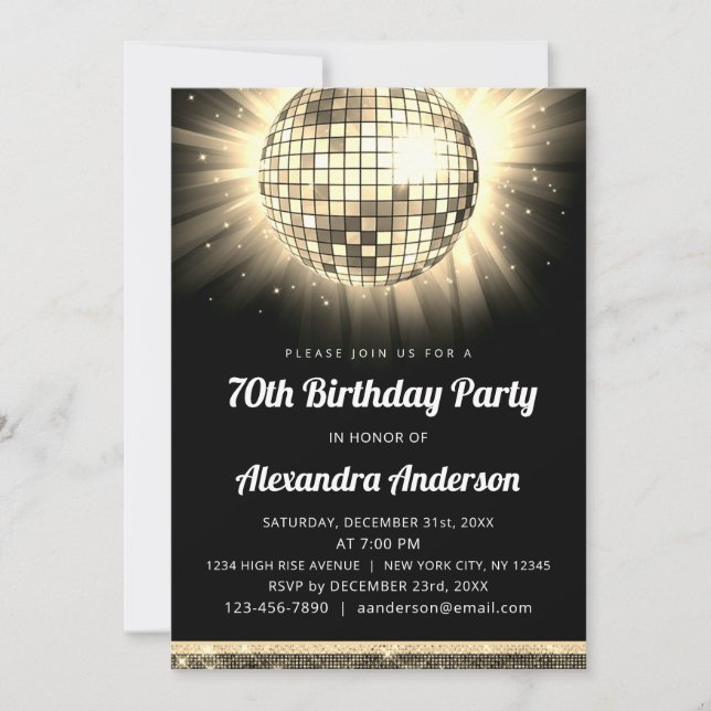 Gold 70th Birthday Party 70's Disco Ball Invitation (Front)