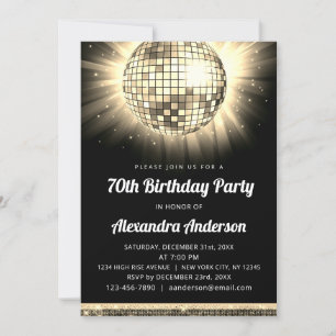 Gold 70th Birthday Party 70's Disco Ball Invitation