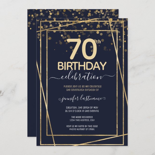 Gold 70th Birthday Party Blue Gold Invitation (Front/Back)