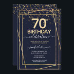 Gold 70th Birthday Party Blue Gold Invitation<br><div class="desc">Elegant Faux gold border with shimmering confetti highlights on the top border. All text is adjustable and easy to change for your own party needs. Great elegant 70th birthday template design.</div>