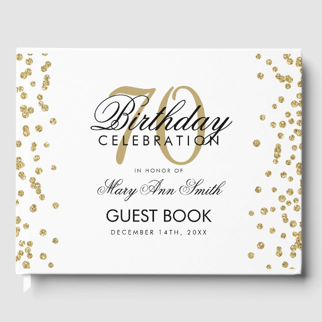 Gold 70th Birthday Party Glitter Confetti Guest Book (Front)