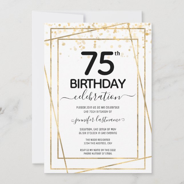 Gold 75th Birthday Party Budget Invitation (Front)
