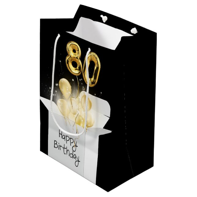 Gold 80th Birthday Balloons in Box  Medium Gift Bag (Front Angled)