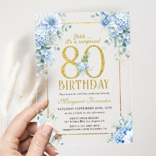 Gold 80th Birthday Dusty Blue Floral Surprise Acrylic Invitations