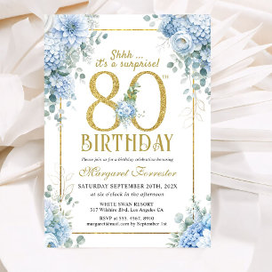 Gold 80th Birthday Dusty Blue Floral Surprise Invitation
