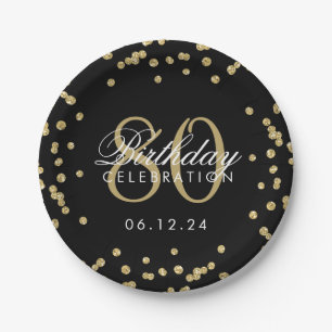 Gold 80th Birthday Glitter Confetti Black Paper Plate