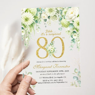 Gold 80th Birthday Greenery White Floral Surprise Acrylic Invitations