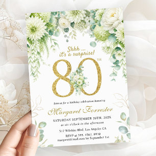 Gold 80th Birthday Greenery White Floral Surprise Invitation
