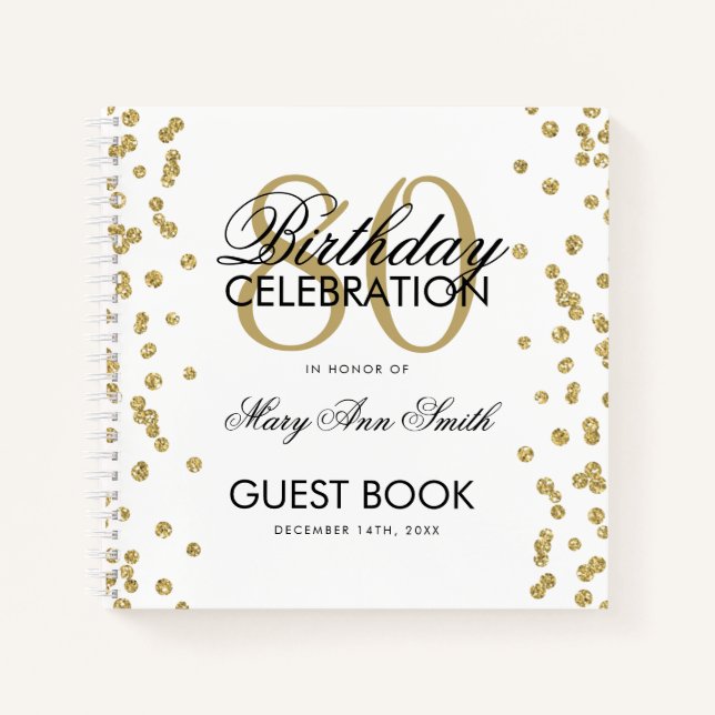 Gold 80th Birthday Guestbook Confetti Notebook (Front)