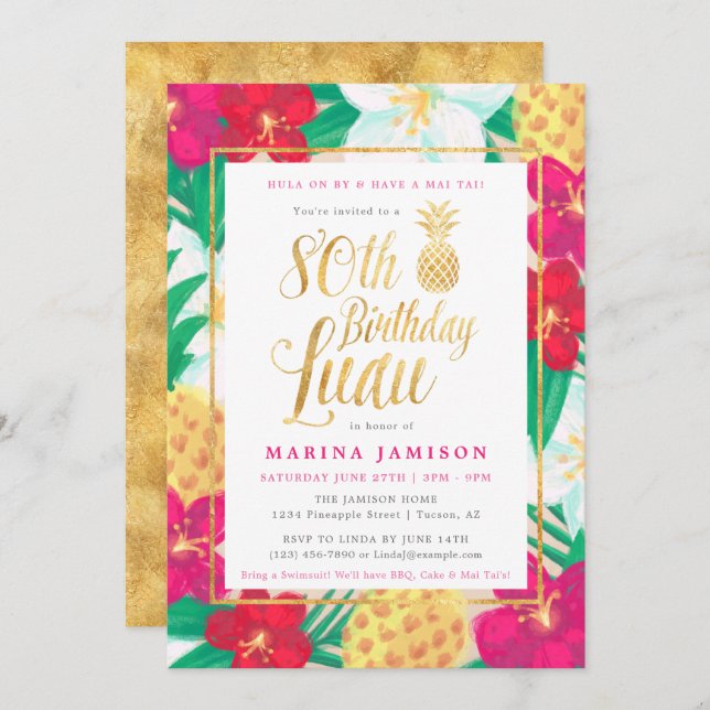 Gold 80th Birthday Luau Party Invitations (Front/Back)