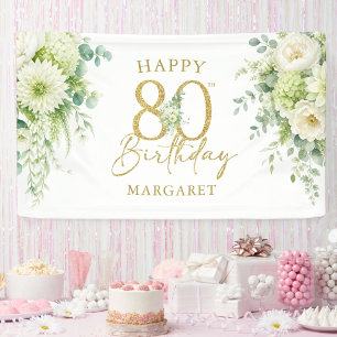 Gold 80th Birthday Party Elegant Floral Welcome Banner