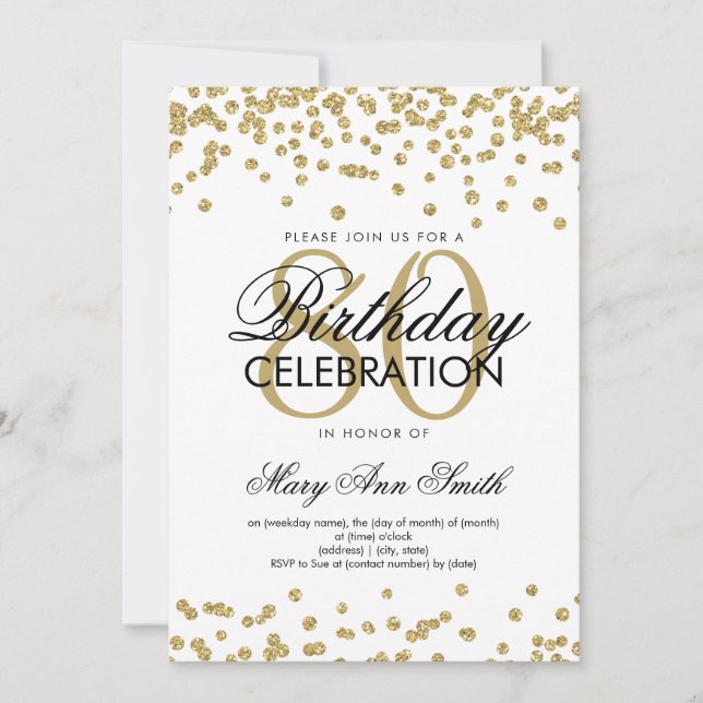 Gold 80th Birthday Party Glitter Confetti Invitation (Front)
