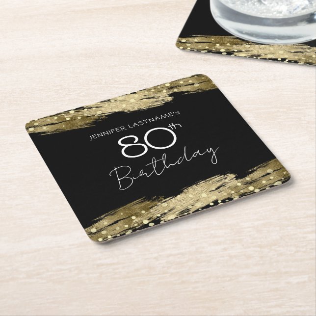 Gold 80th Birthday Party Square Paper Coaster (Angled)