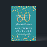 Gold 80th Birthday Save Date Confetti Turquoise Invitation<br><div class="desc">Elegant "80th Birthday Party" design with faux glitter confetti and details text. Easy to use and easy to personalise. Order Today!</div>