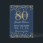 Gold 80th Birthday Save the Date Confetti Navy Invitation<br><div class="desc">Elegant "80th Birthday Party" design with faux glitter confetti and details text. Easy to use and easy to personalise. Order Today!</div>
