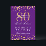 Gold 80th Birthday Save the Date Confetti Purple  Invitation<br><div class="desc">Elegant "80th Birthday Party" design with faux glitter confetti and details text. Easy to use and easy to personalise. Order Today!</div>