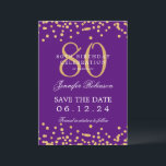 Gold 80th Birthday Save the Date Confetti Purple  Invitation<br><div class="desc">Elegant "80th Birthday Party" design with faux glitter confetti and details text. Easy to use and easy to personalise. Order Today!</div>