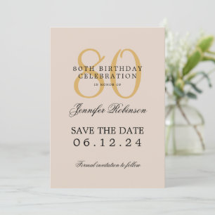 Gold 80th Birthday Save the Date Details Champagne Invitation