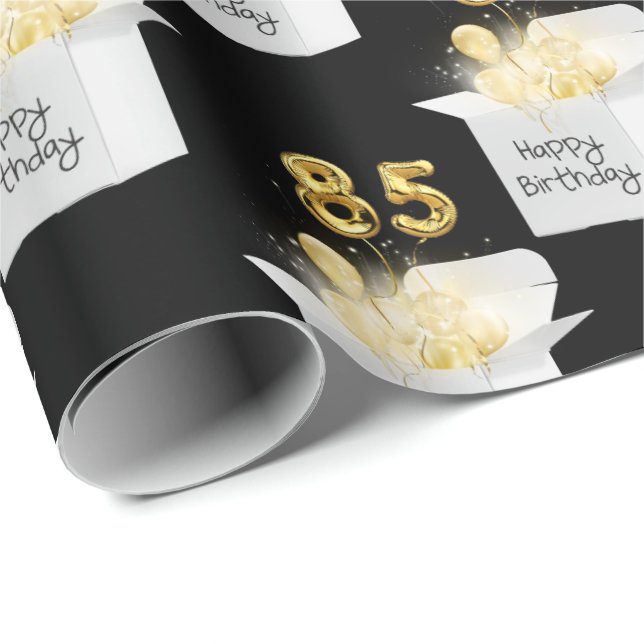 Gold 85th Birthday Balloons in White Box Wrapping Paper (Roll Corner)