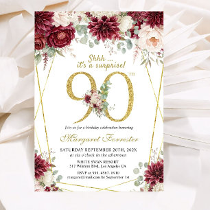 Gold 90th Birthday Elegant Burgundy Blush Floral Invitation