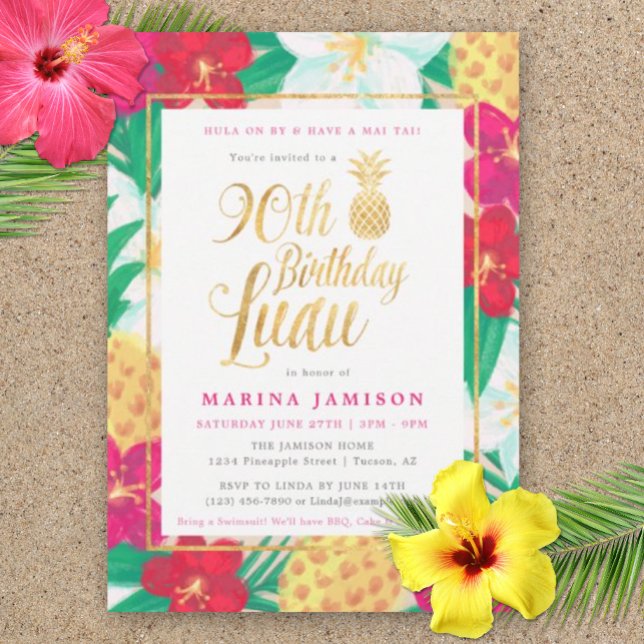 Gold 90th Birthday Luau Party Invitations (90th Birthday Luau Invitation )