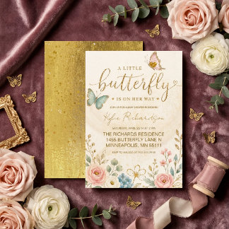 Gold, a little butterfly on the way baby shower invitation