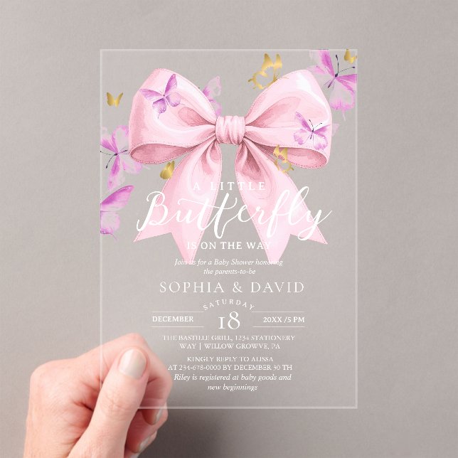 Gold A Little Butterfly  Pink Bow Baby Shower  Acrylic Invitations (Insitu (Handheld))