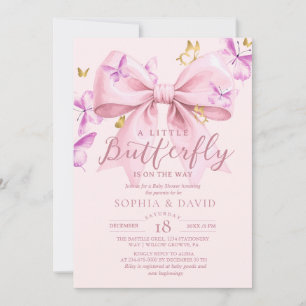 Gold A Little Butterfly Pink Bow Baby Shower Invitation