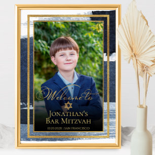 Gold Abstract Blue Bar Mitzvah Photo Welcome Sign