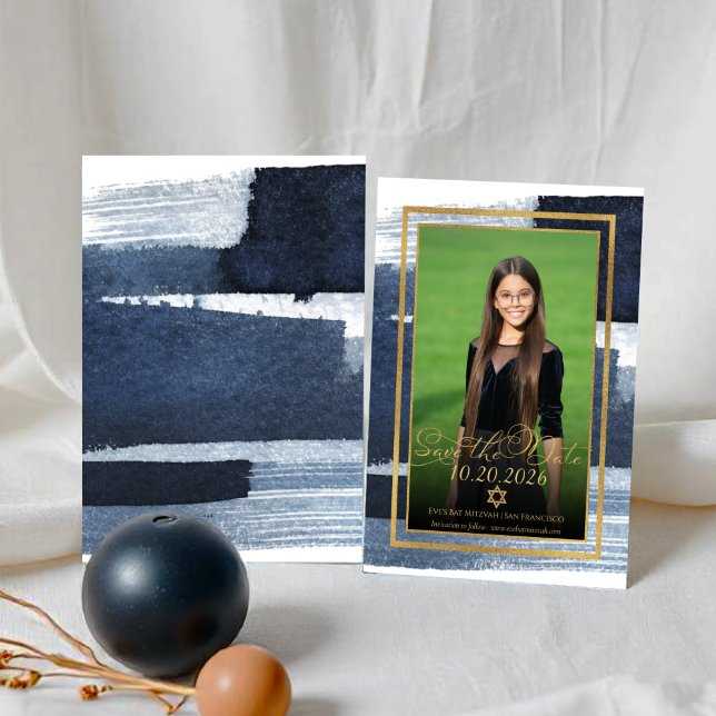 Gold Abstract Blue Photo Bat Mitzvah Save the Date Invitation (Creator Uploaded)