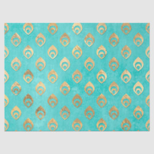 Gold Abstract Droplets on Aqua Decoupage Tissue Paper