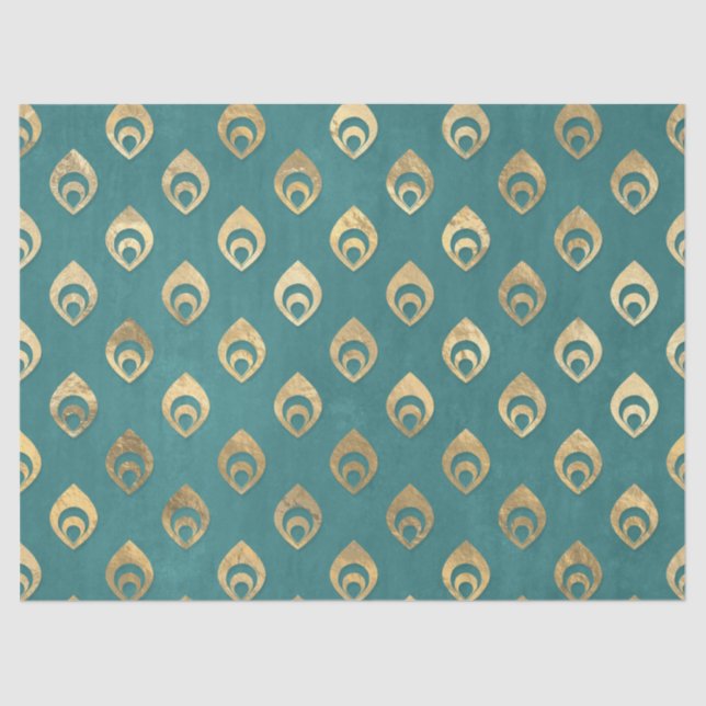 Gold Abstract Droplets on Teal Decoupage Tissue Paper (Front)