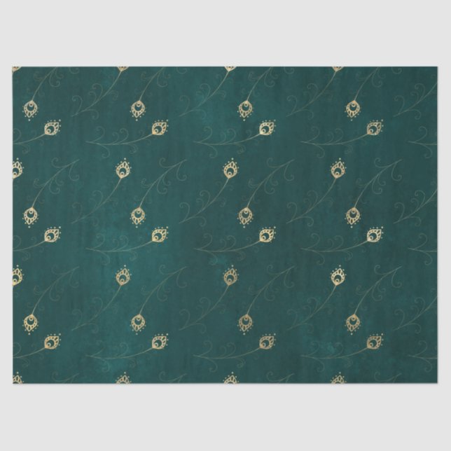 Gold Abstract Eye of Peacock Feathers on Green Tissue Paper (Front)