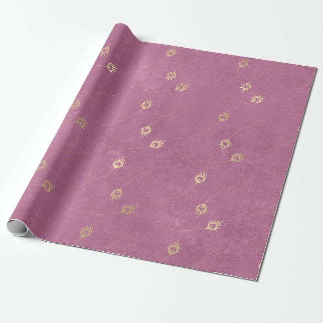 Gold Abstract Eye of Peacock Feathers on Pink Wrapping Paper (Unrolled)