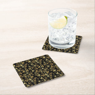 Gold Abstract Floral on Black Background Square Paper Coaster