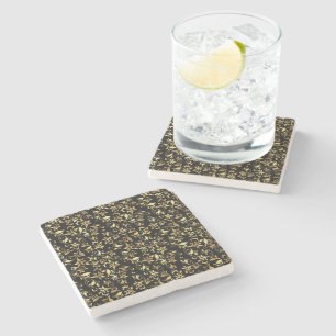 Gold Abstract Floral on Black Background Stone Coaster