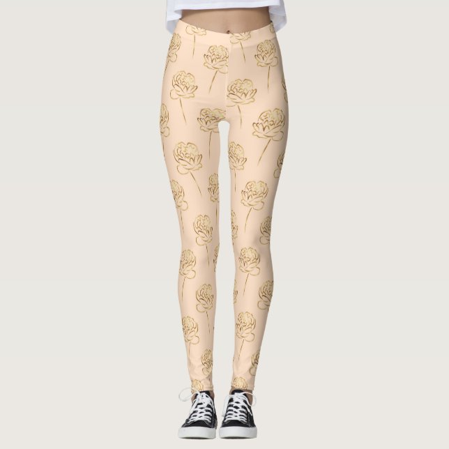 Gold Abstract Flowers on Peach Yoga Pants (Front)