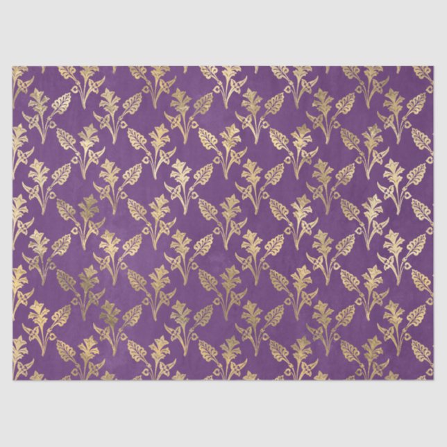 Gold Abstract Flowers on Purple Decoupage Tissue Paper (Front)
