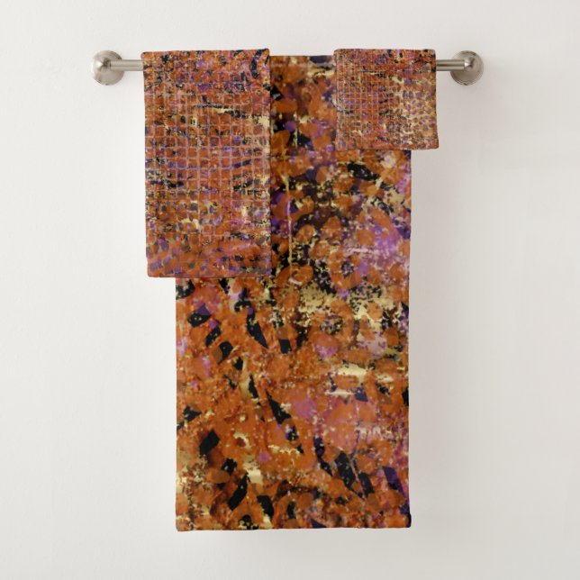 Gold Abstract Mixed Animal And Leopard Skin Bath Towel Set (Insitu)