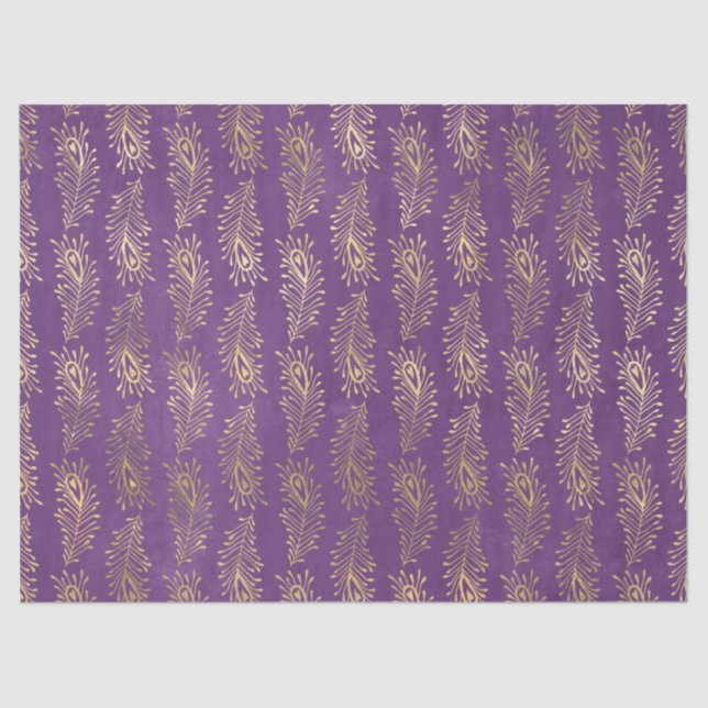 Gold Abstract Peacock Feathers on Purple Decoupage Tissue Paper (Front)