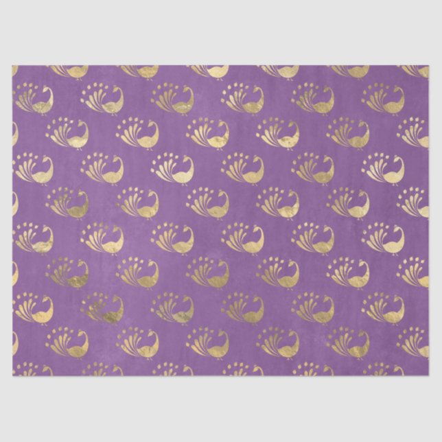 Gold Abstract Peacocks on Light Purple Decoupage Tissue Paper (Front)