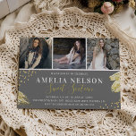 Gold Abstract Photo Collage Sweet 16 Birthday Invitation<br><div class="desc">A trendy abstract sweet 16 photo collage birthday invitation featuring 3 photographs of the birthday girl or boy,  a grey block colour that can be changed to any colour,  gold paint strokes and gold glitter confetti as decoration with a modern white text biirthday template that can  easily be personalised.</div>