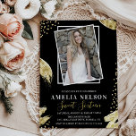 Gold Abstract Photo Sweet 16 Birthday Invitation<br><div class="desc">A trendy abstract sweet 16 photo birthday invitation featuring a picture of the birthday girl or boy,  a black background that can be changed to any colour,  gold paint strokes and gold glitter confetti as decoration with a modern white text birthday template that can  easily be personalised.</div>