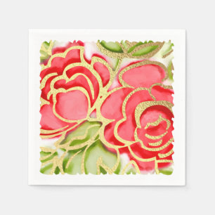 Gold Abstract Roses Red Napkin