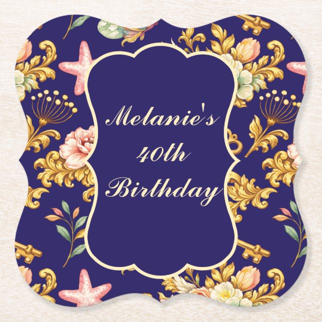 Gold Acanthus 40th Birthday Paper Coaster (Front)
