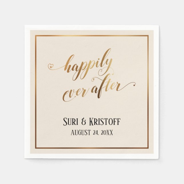 Gold Accent Happily Ever After Hearts Script Cream Napkin (Front)