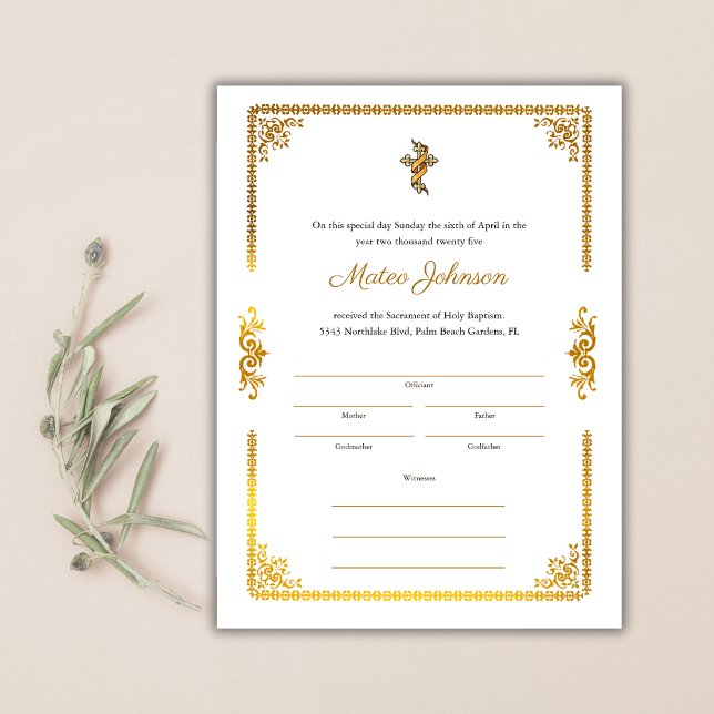 Gold Accents Elegant Catholic Baptism Certificate  (Gold Accents Elegant Catholic Baptism Certificate)